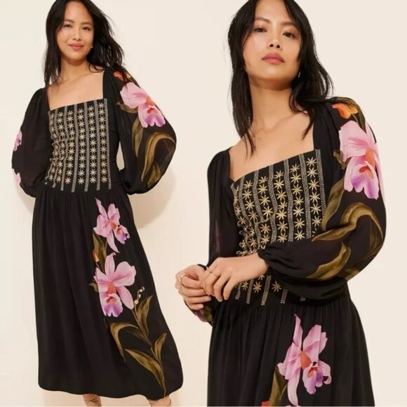 FARM Rio Embroidered Goddess Orchid Floral Bishop Sleeve Midi Dress Black XS - Picture 1 of 13